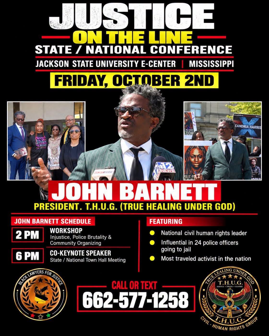 Justice on the Line conference flyer featuring John Barnett, Friday October 2, Jackson State University E-Center